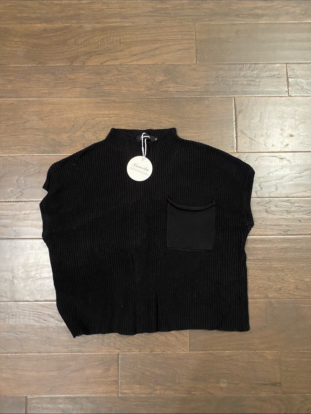 Caracilia Black Ribbed Cowl-Neck Sweater with Front Pocket - Women's